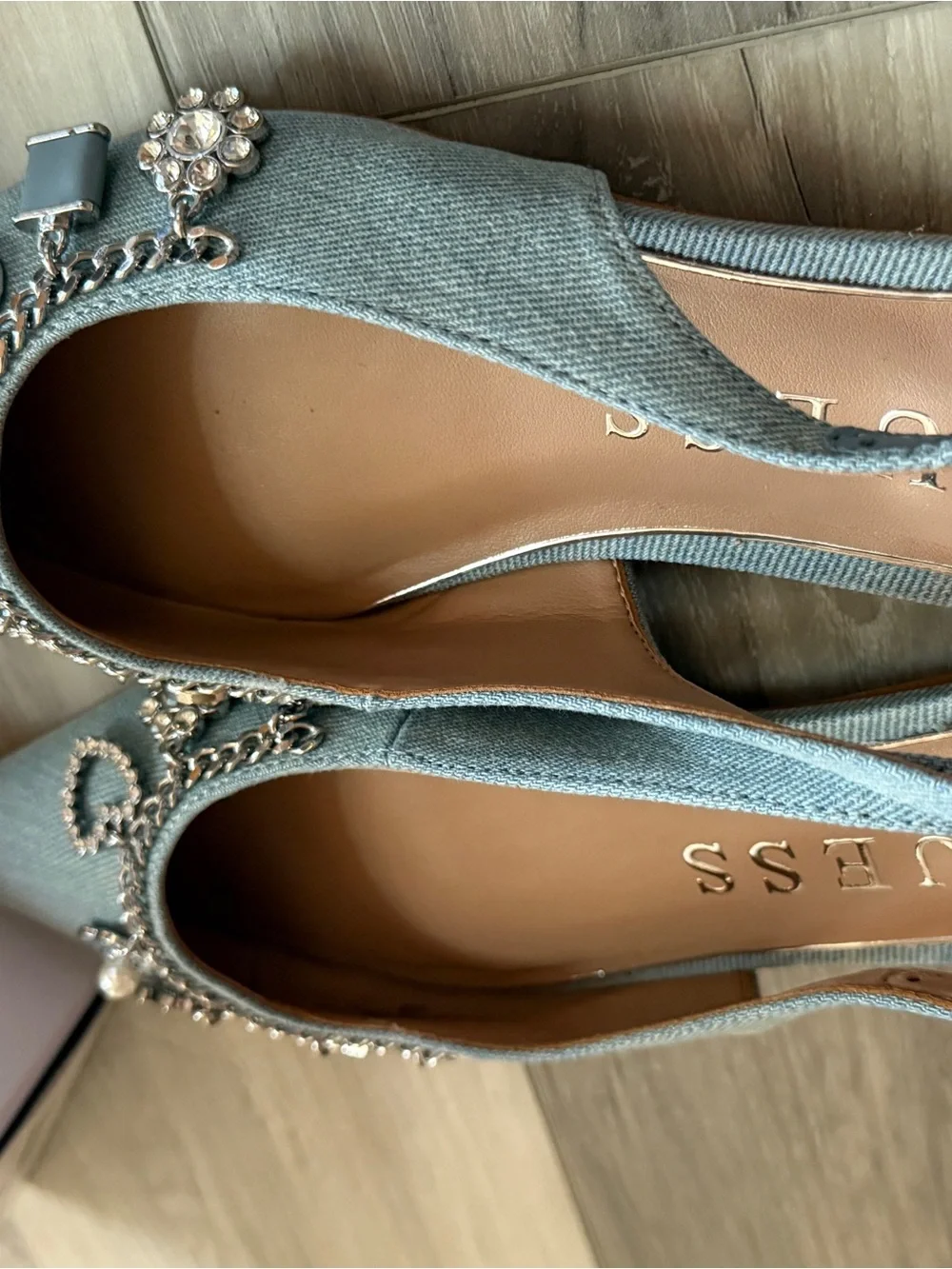 Guess Crystal-Embellished Light Blue Slingback Heels